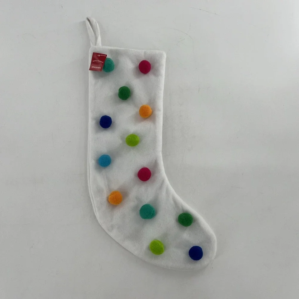 Wondershop Felt Christmas Stocking Whimsy White Multi Bright Color‎ Pom Poms 20